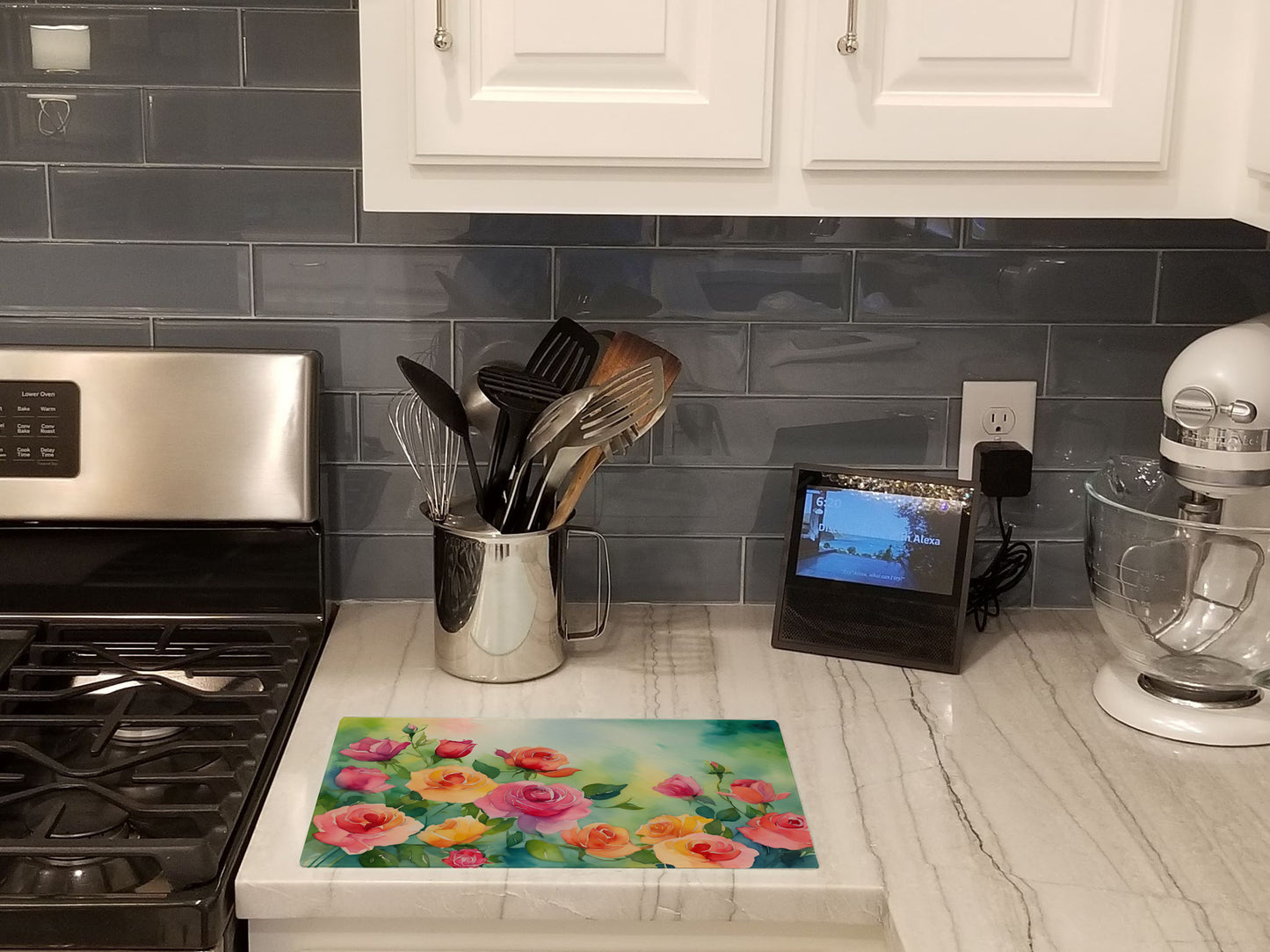 Roses in Watercolor Glass Cutting Board