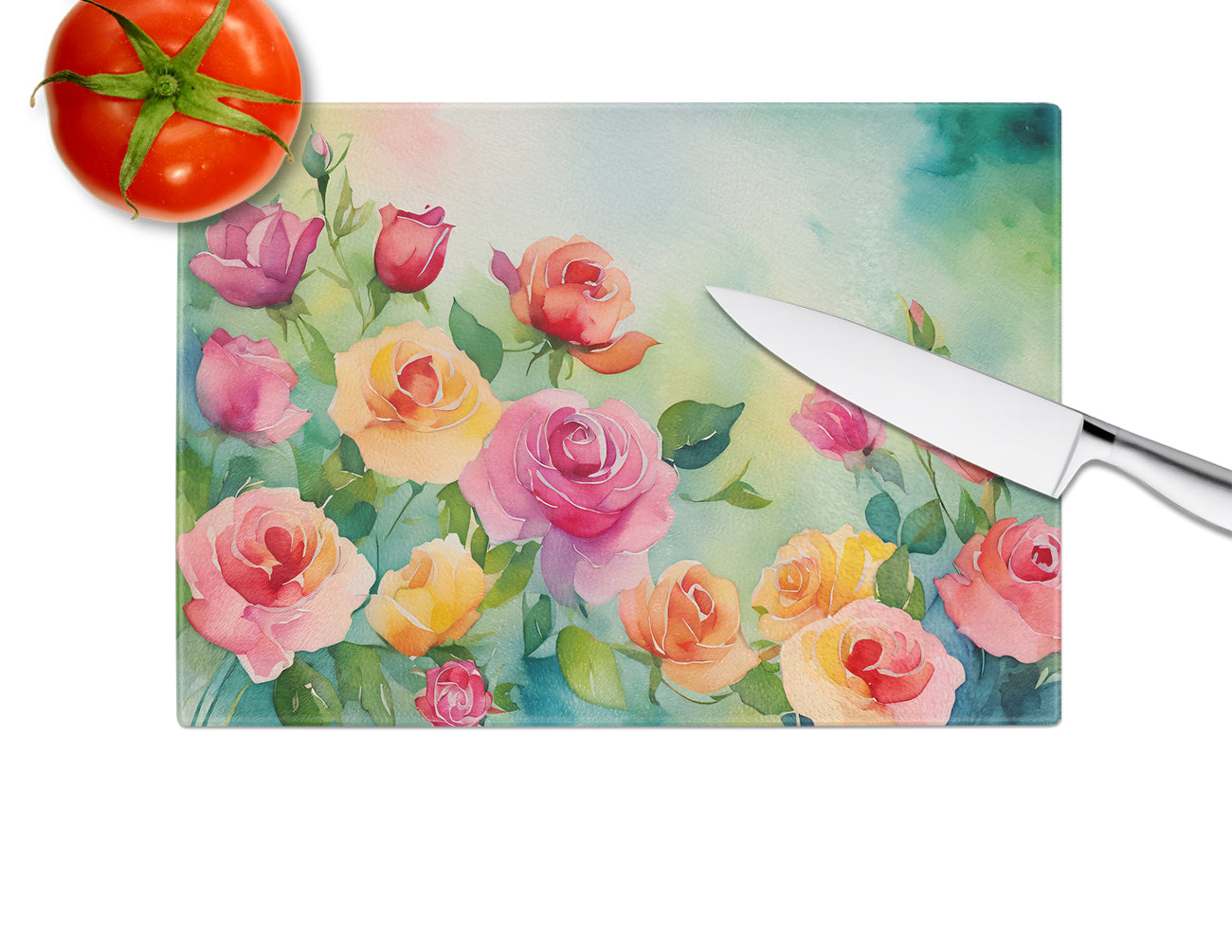 Roses in Watercolor Glass Cutting Board