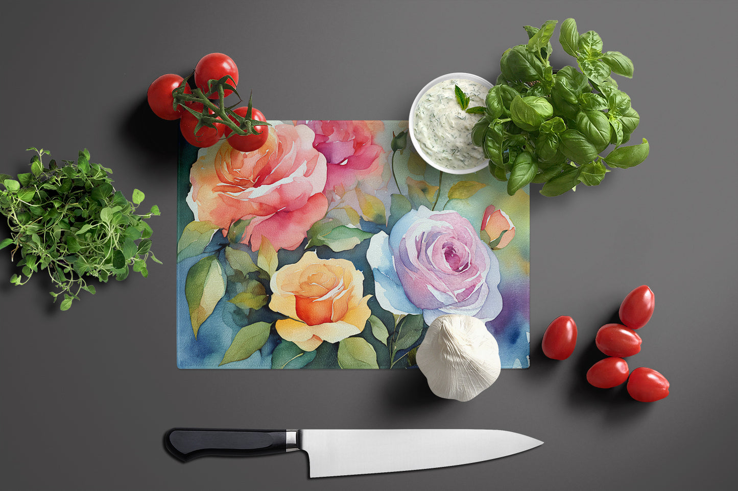 Roses in Watercolor Glass Cutting Board