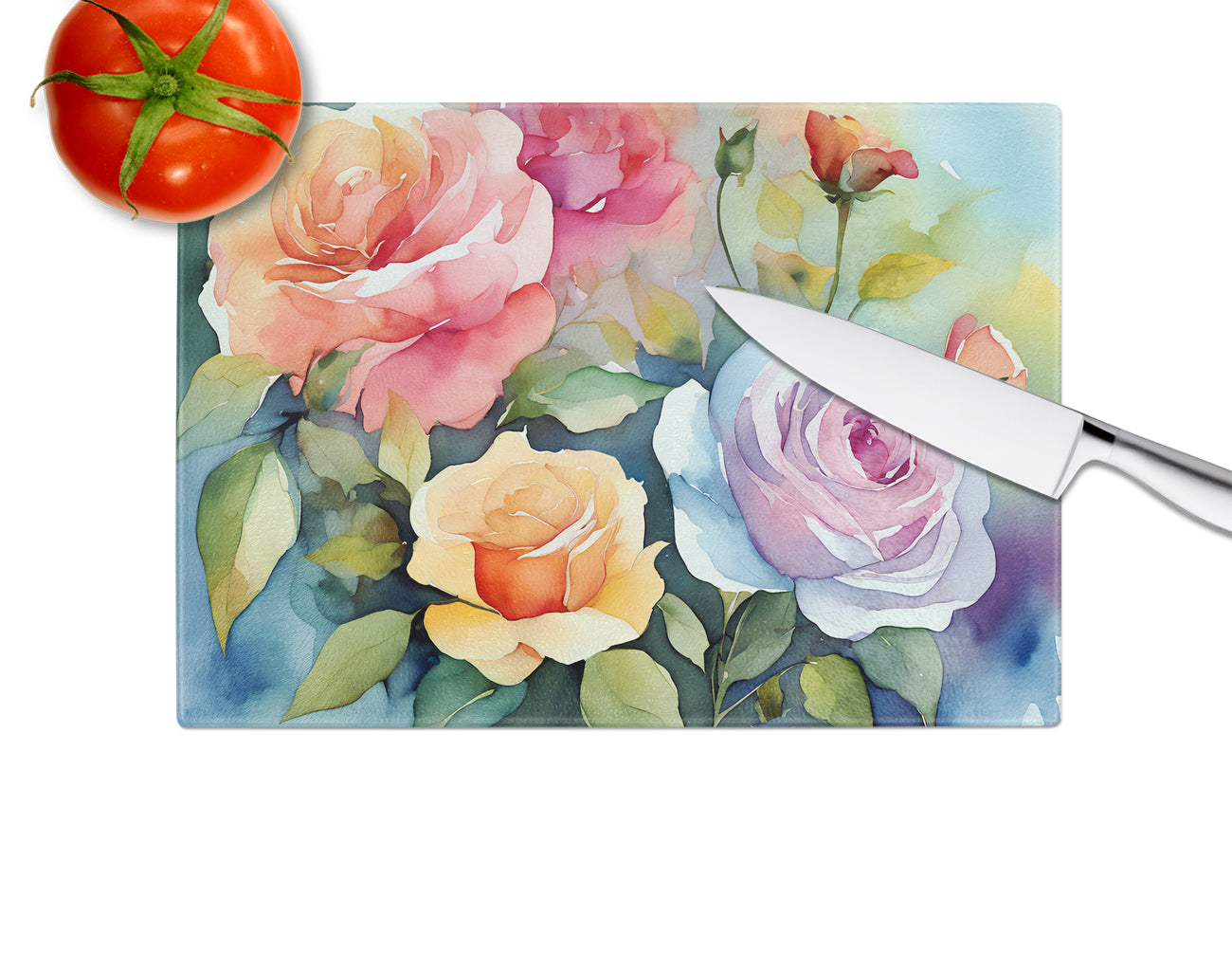 Roses in Watercolor Glass Cutting Board