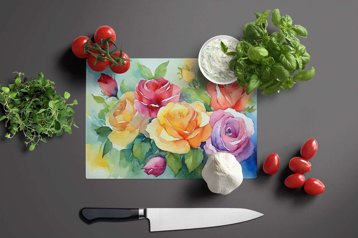 Roses in Watercolor Glass Cutting Board