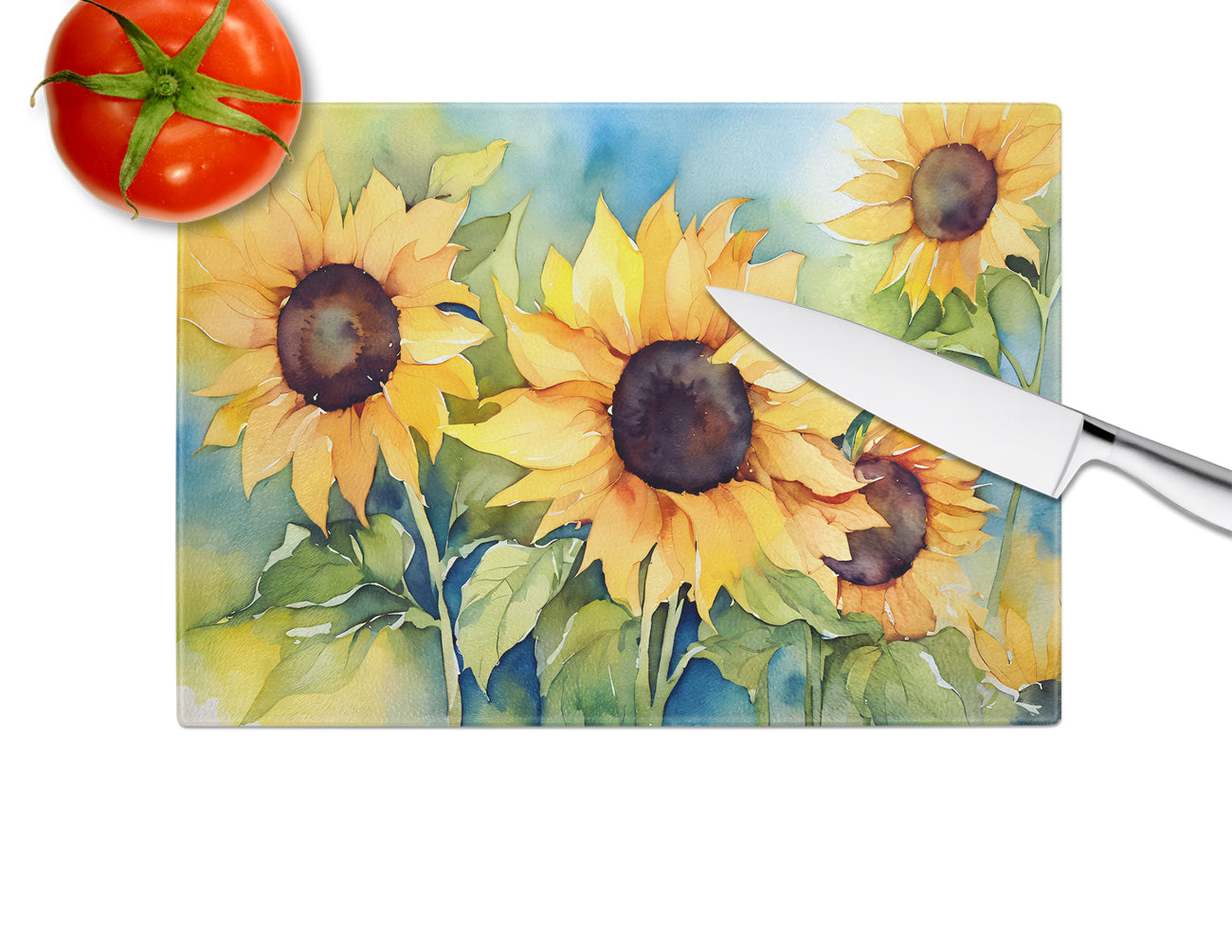 Sunflowers in Watercolor Glass Cutting Board