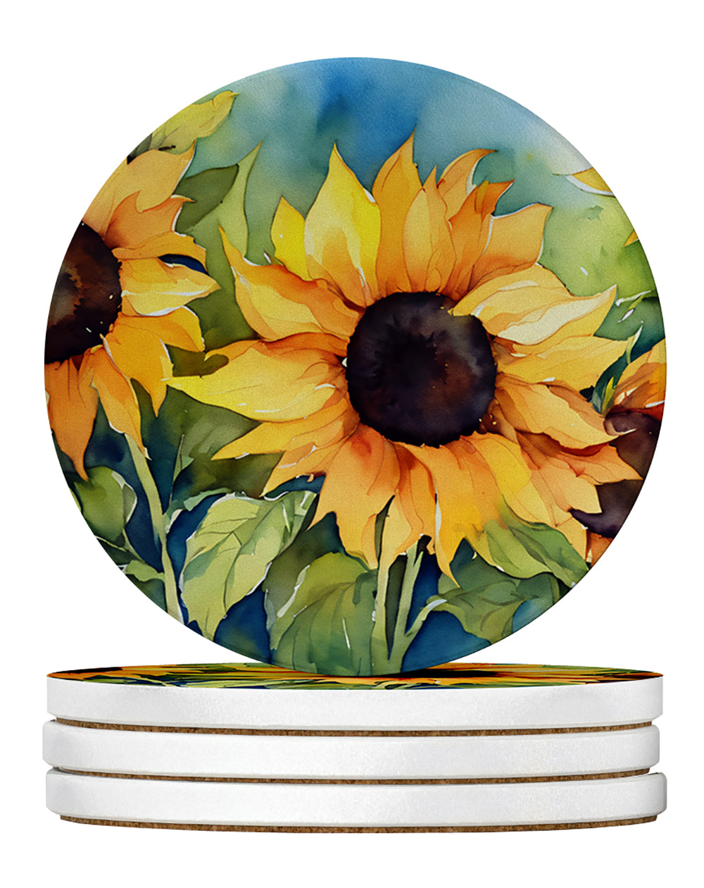 Buy this Sunflowers in Watercolor Large Sandstone Coasters Pack of 4
