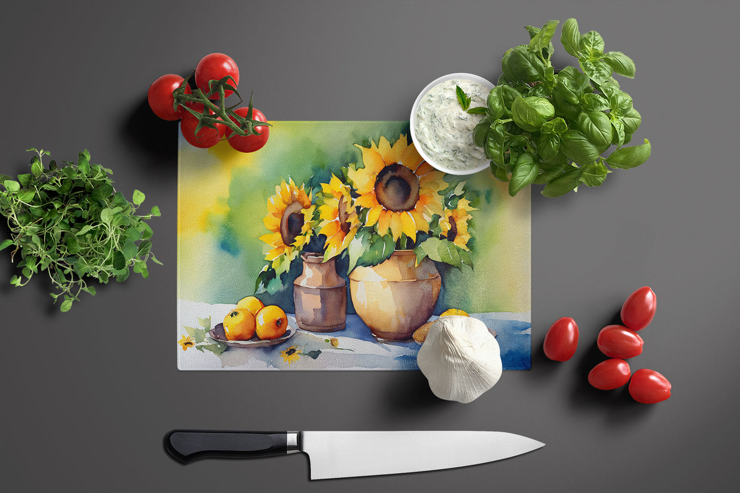 Sunflowers in Watercolor Glass Cutting Board