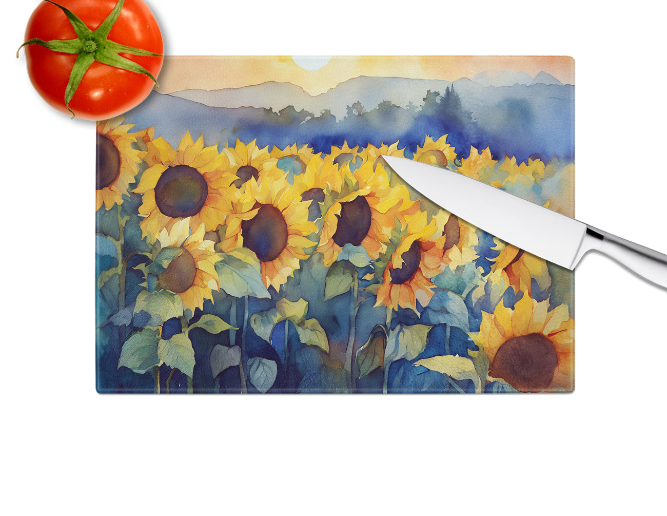 Sunflowers in Watercolor Glass Cutting Board