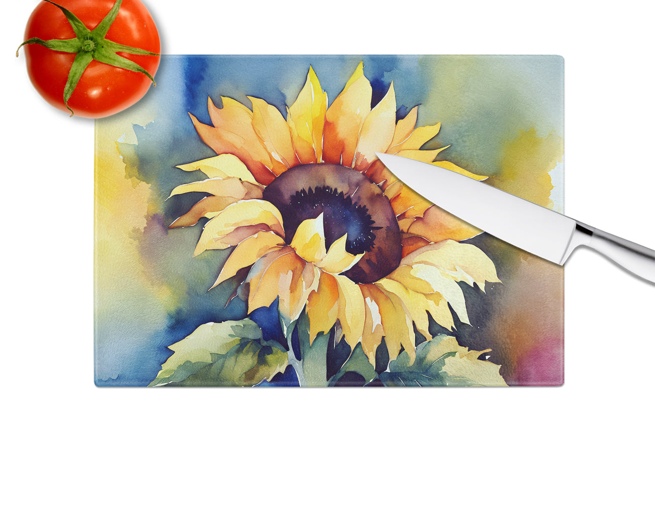 Sunflowers in Watercolor Glass Cutting Board