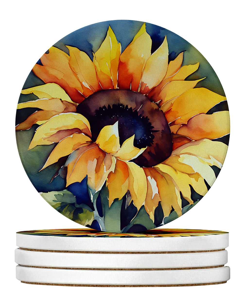 Buy this Sunflowers in Watercolor Large Sandstone Coasters Pack of 4