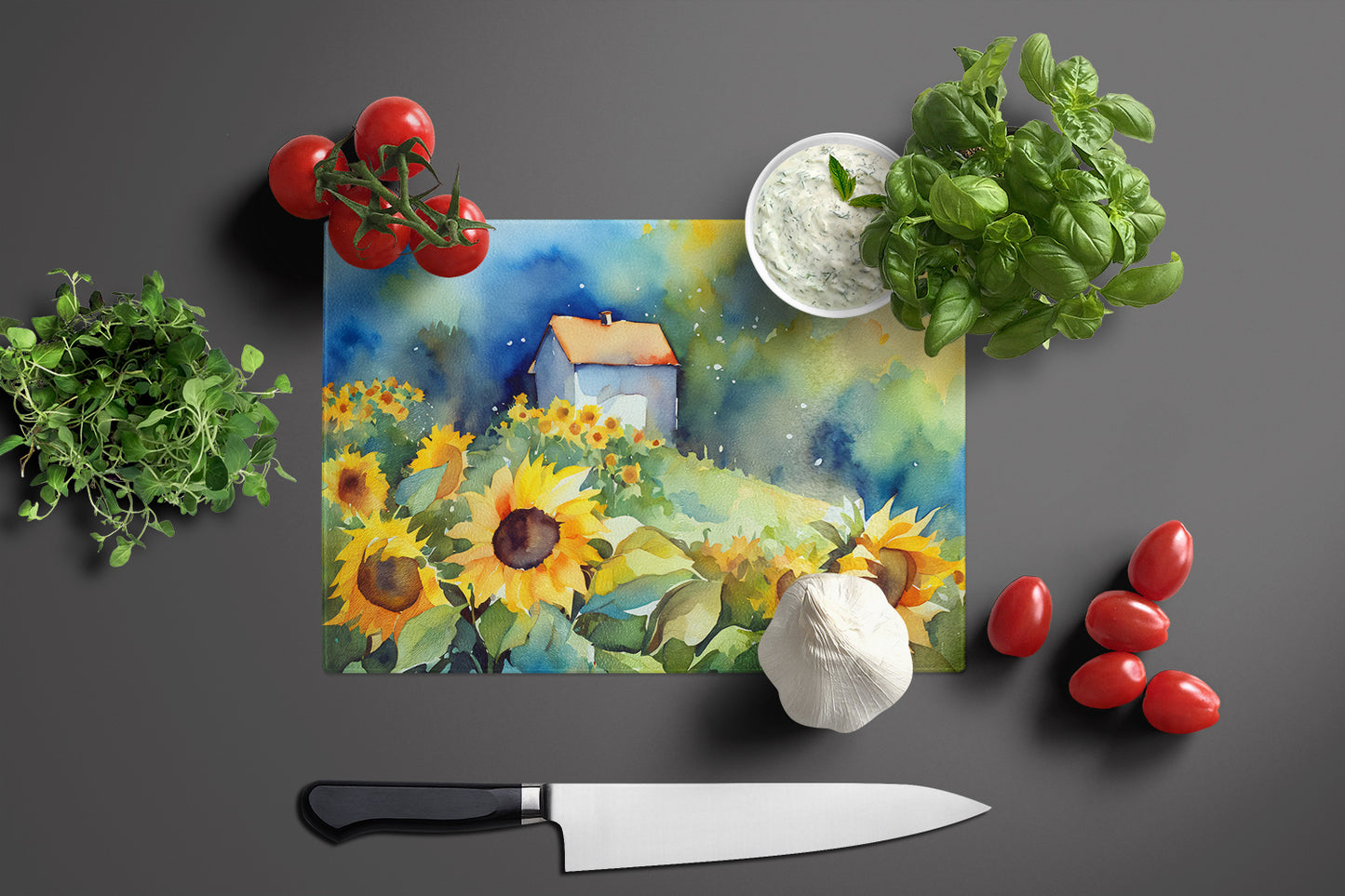 Sunflowers in Watercolor Glass Cutting Board