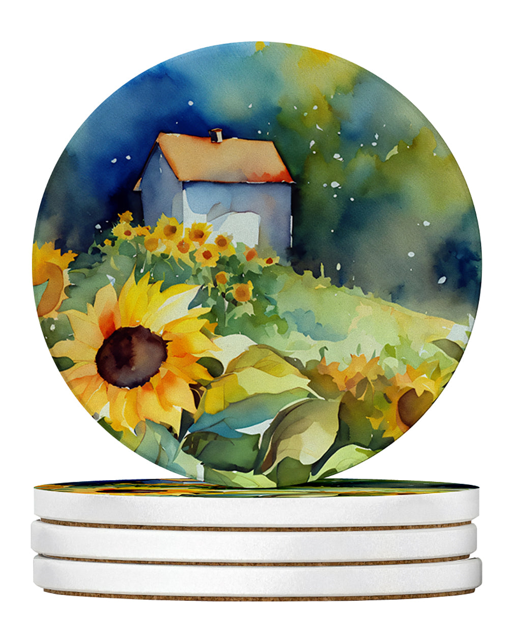 Buy this Sunflowers in Watercolor Large Sandstone Coasters Pack of 4