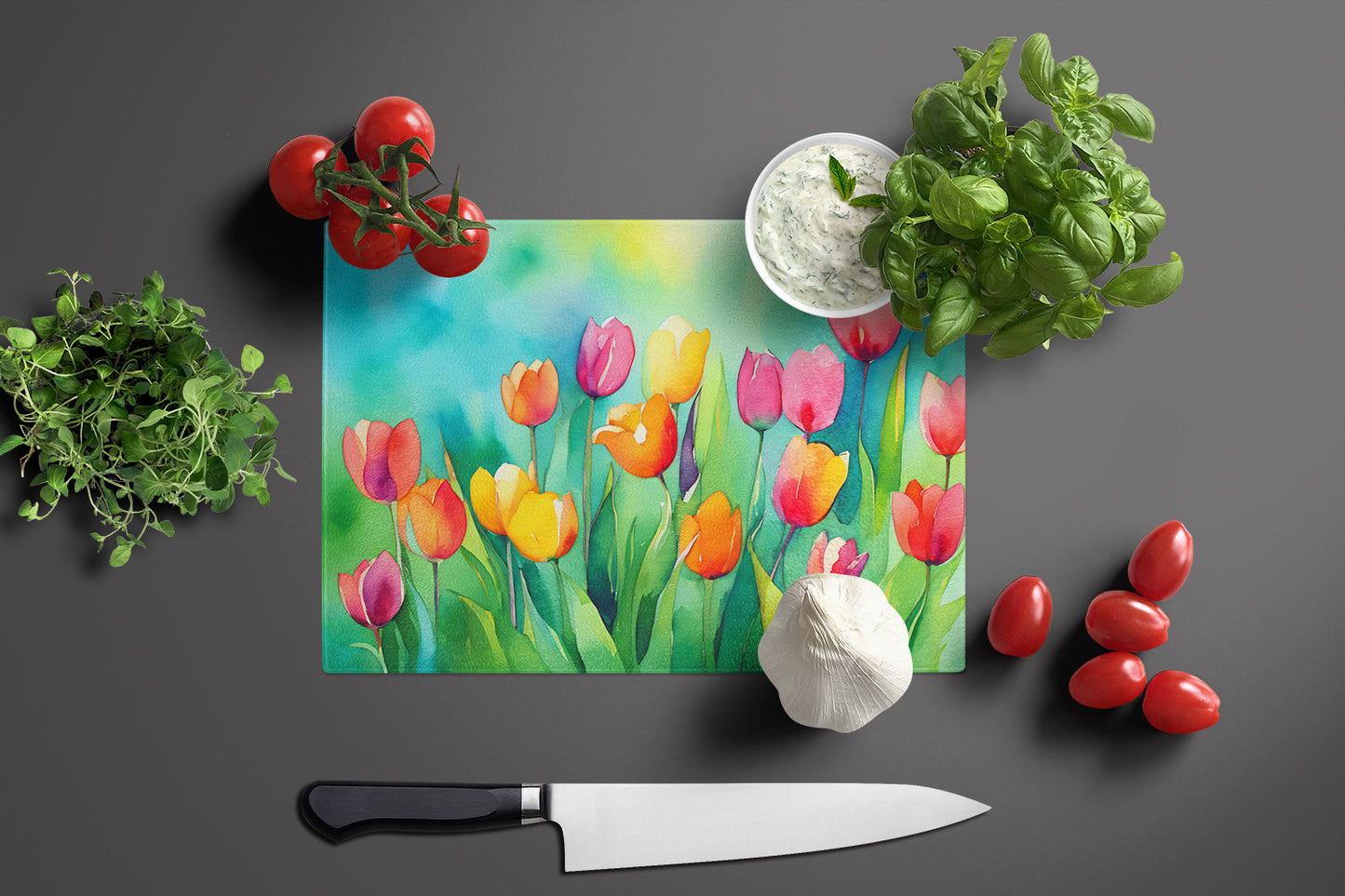 Tulips in Watercolor Glass Cutting Board