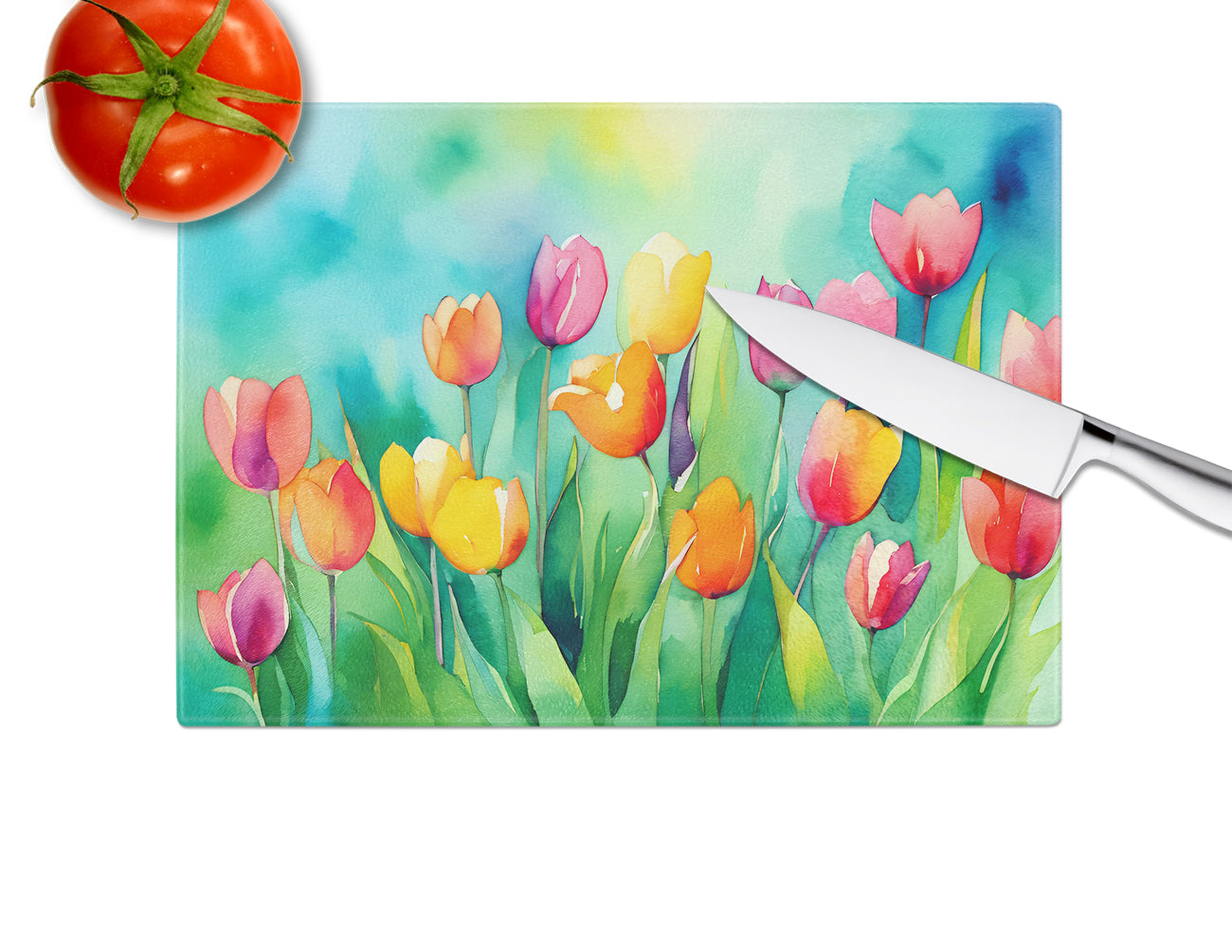 Tulips in Watercolor Glass Cutting Board