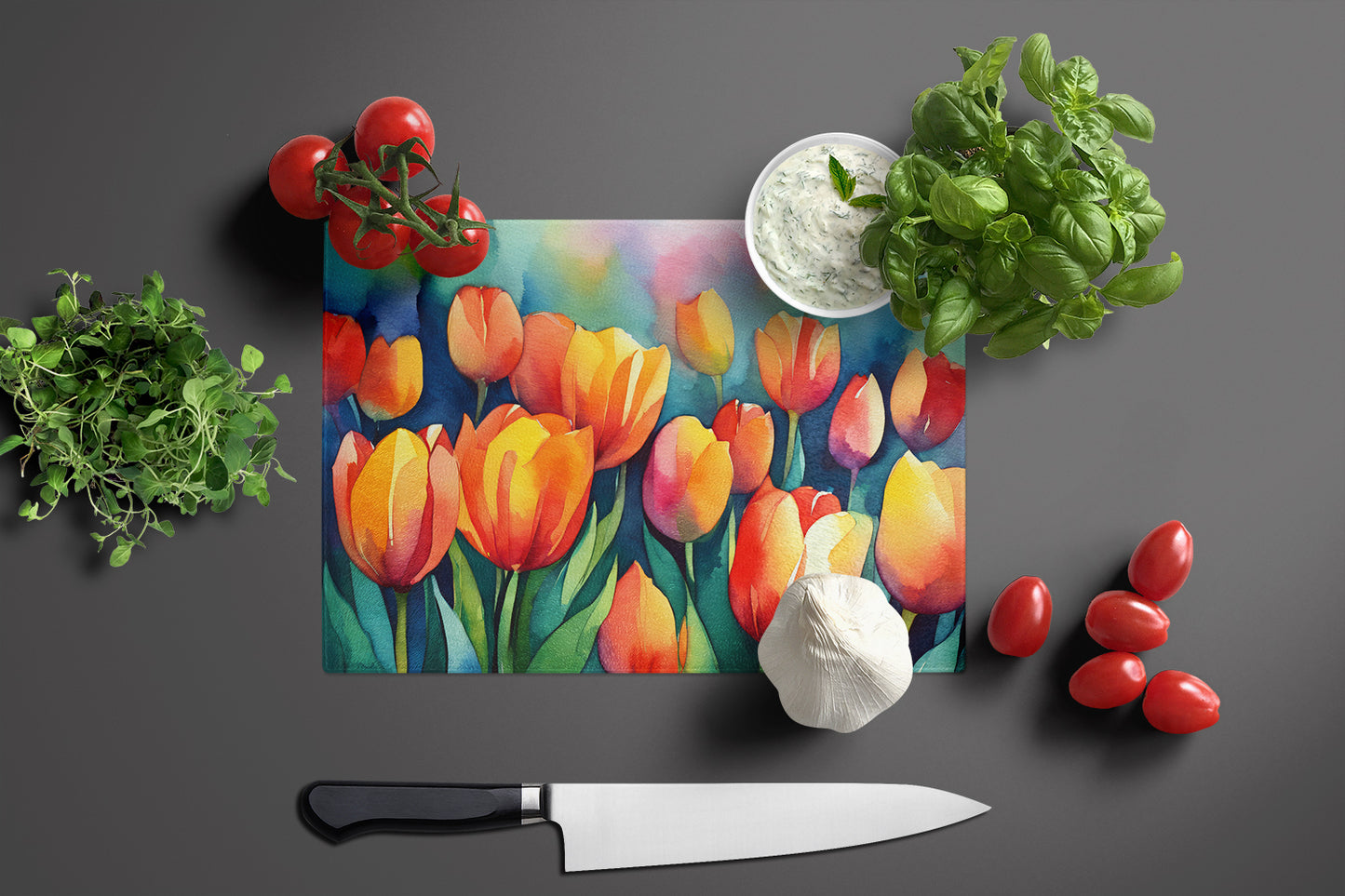 Tulips in Watercolor Glass Cutting Board