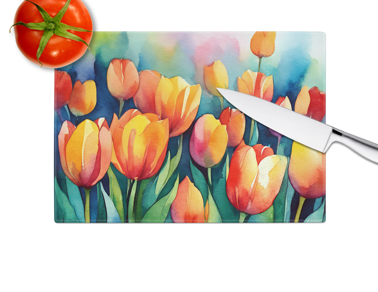 Tulips in Watercolor Glass Cutting Board