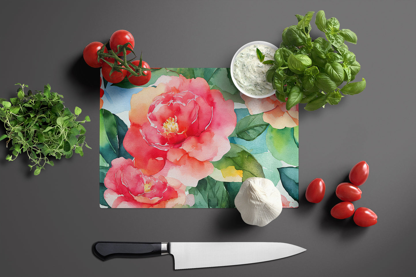 Alabama Camellia in Watercolor Glass Cutting Board