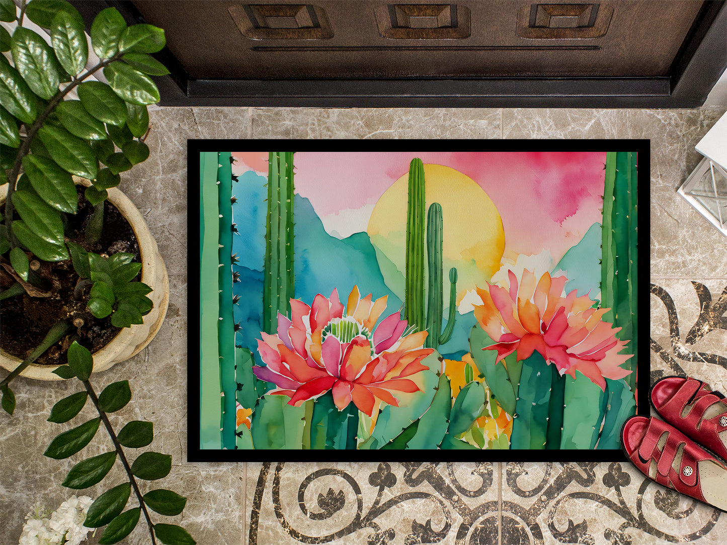 Arizona Saguaro Cactus Blossom in Watercolor Doormat