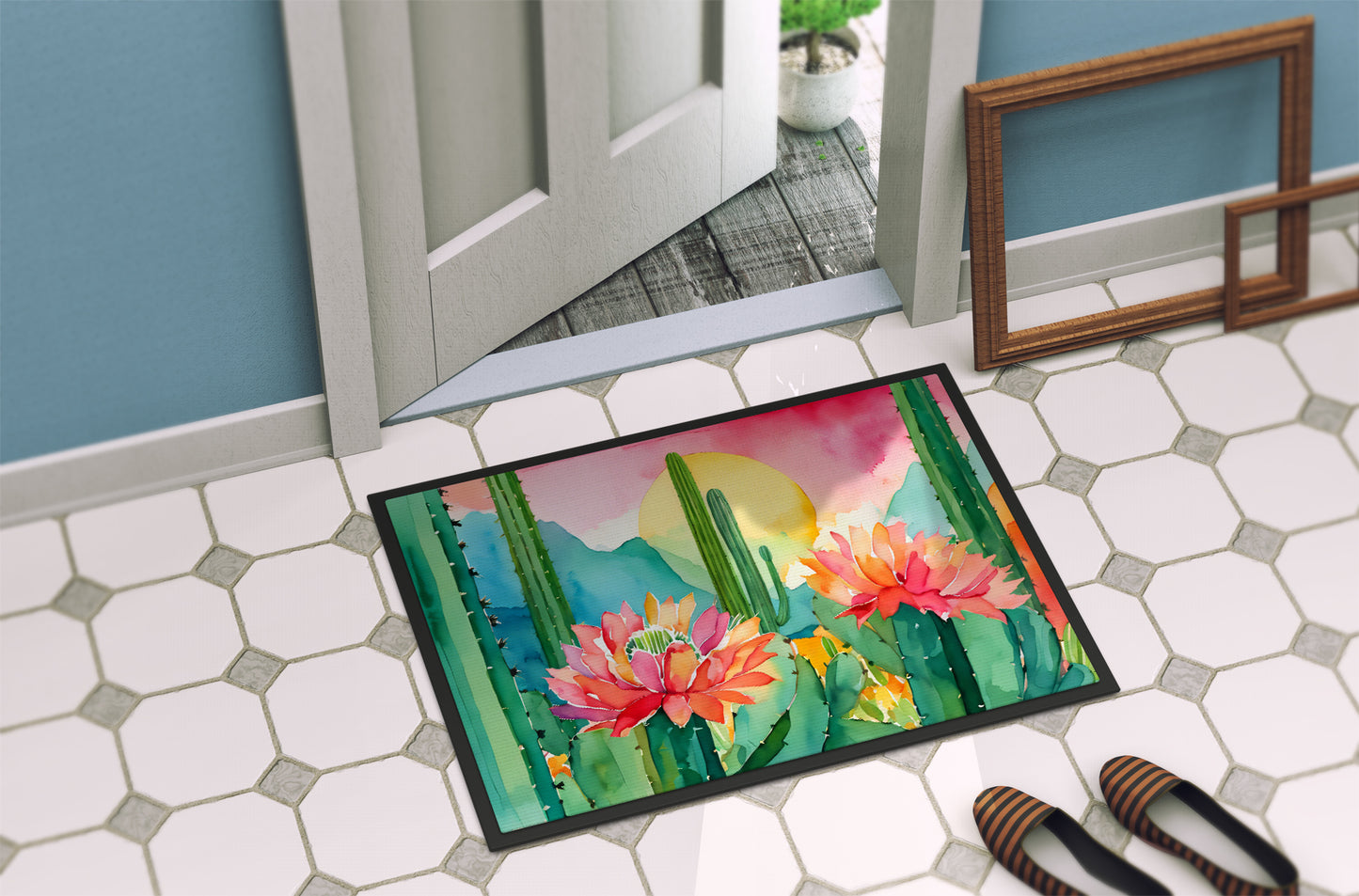 Arizona Saguaro Cactus Blossom in Watercolor Doormat