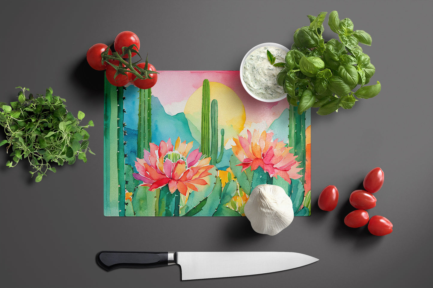 Arizona Saguaro Cactus Blossom in Watercolor Glass Cutting Board