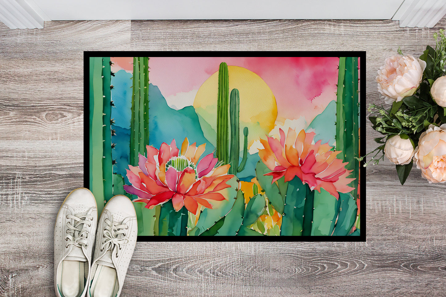 Arizona Saguaro Cactus Blossom in Watercolor Doormat