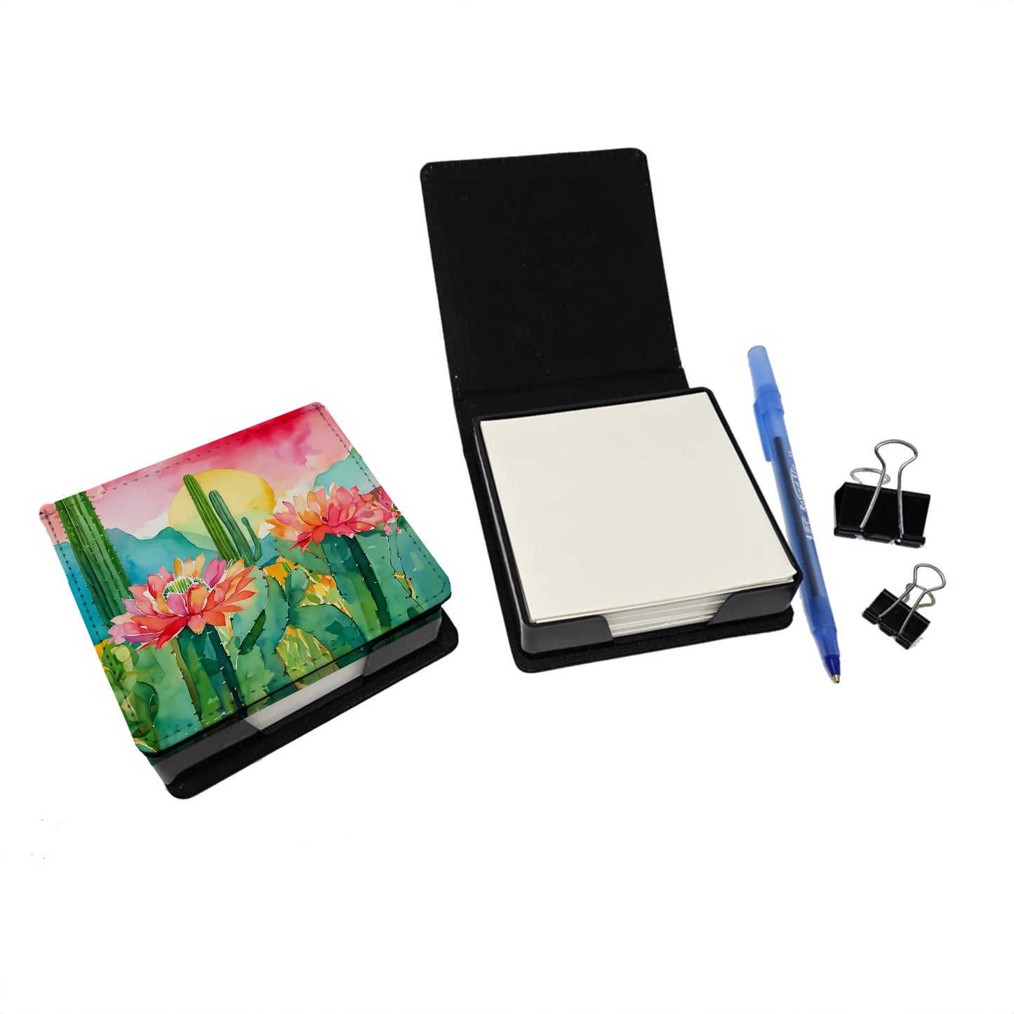 Arizona Saguaro Cactus Blossom in Watercolor PU Leather Note Paper Holder