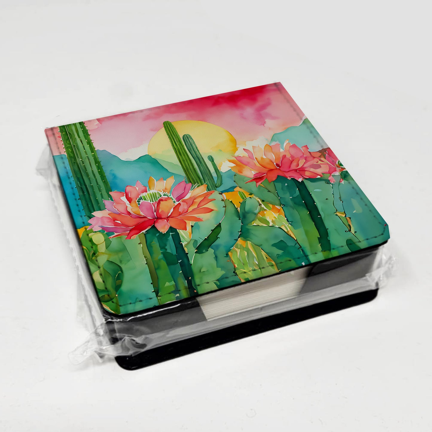 Arizona Saguaro Cactus Blossom in Watercolor PU Leather Note Paper Holder