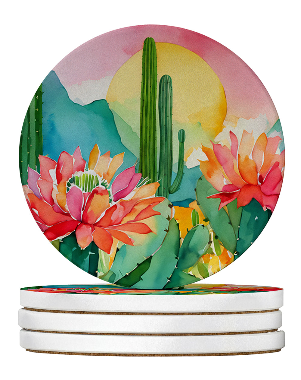 Buy this Arizona Saguaro Cactus Blossom in Watercolor Large Sandstone Coasters Pack of 4