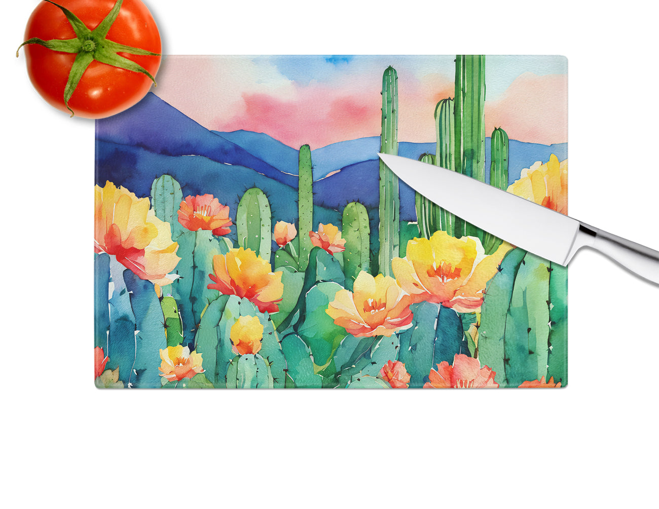 Arizona Saguaro Cactus Blossom in Watercolor Glass Cutting Board