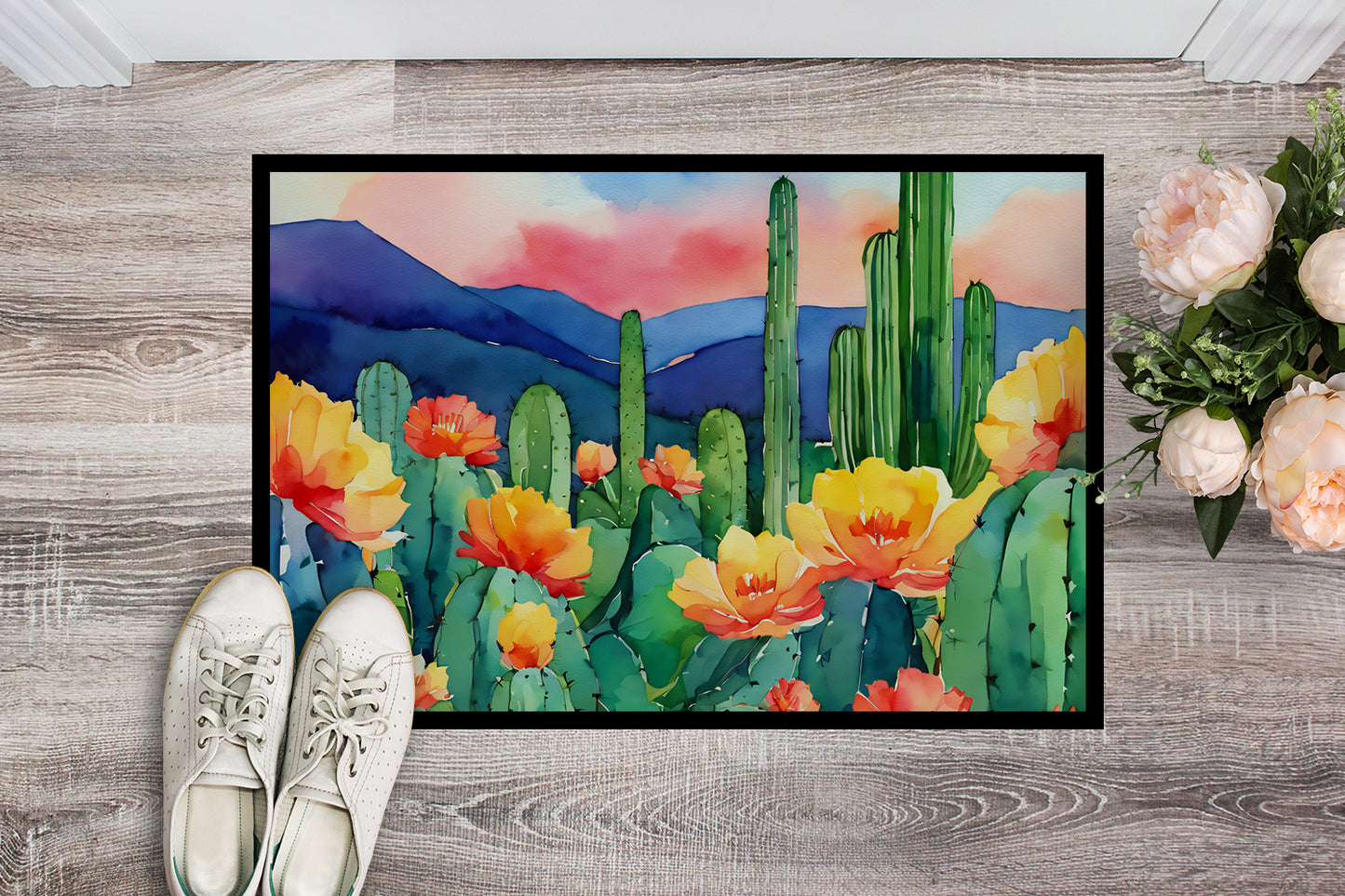 Arizona Saguaro Cactus Blossom in Watercolor Doormat