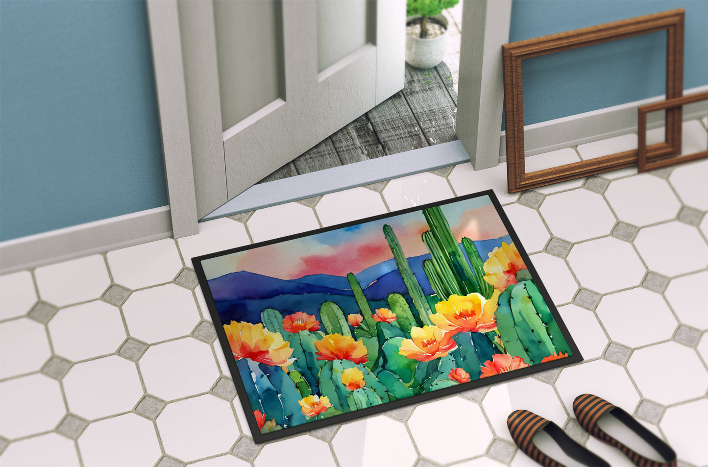 Arizona Saguaro Cactus Blossom in Watercolor Doormat