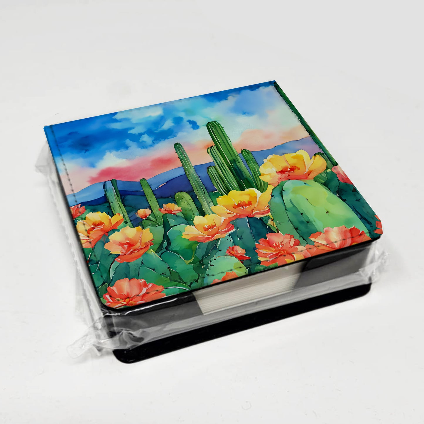 Arizona Saguaro Cactus Blossom in Watercolor PU Leather Note Paper Holder