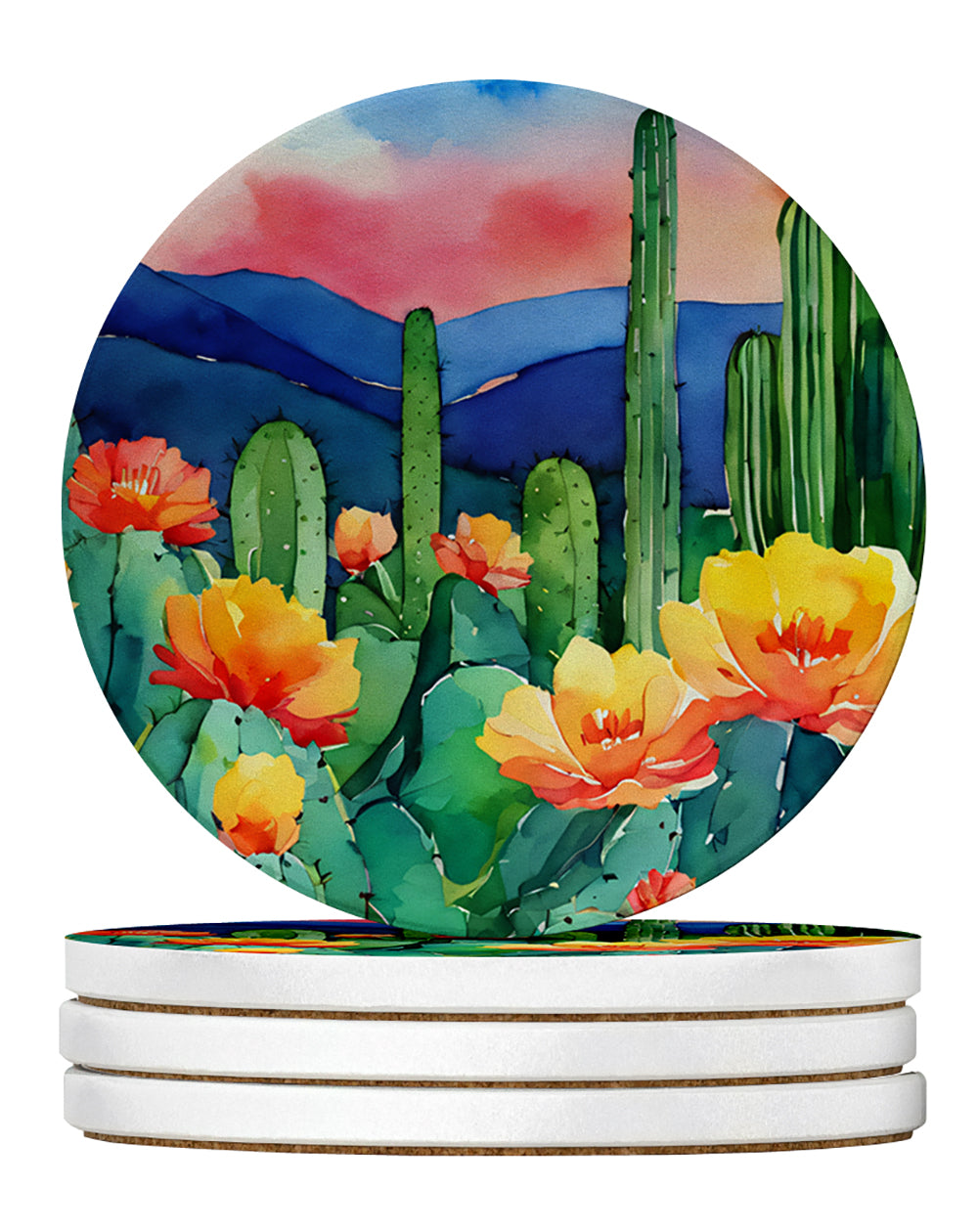 Buy this Arizona Saguaro Cactus Blossom in Watercolor Large Sandstone Coasters Pack of 4