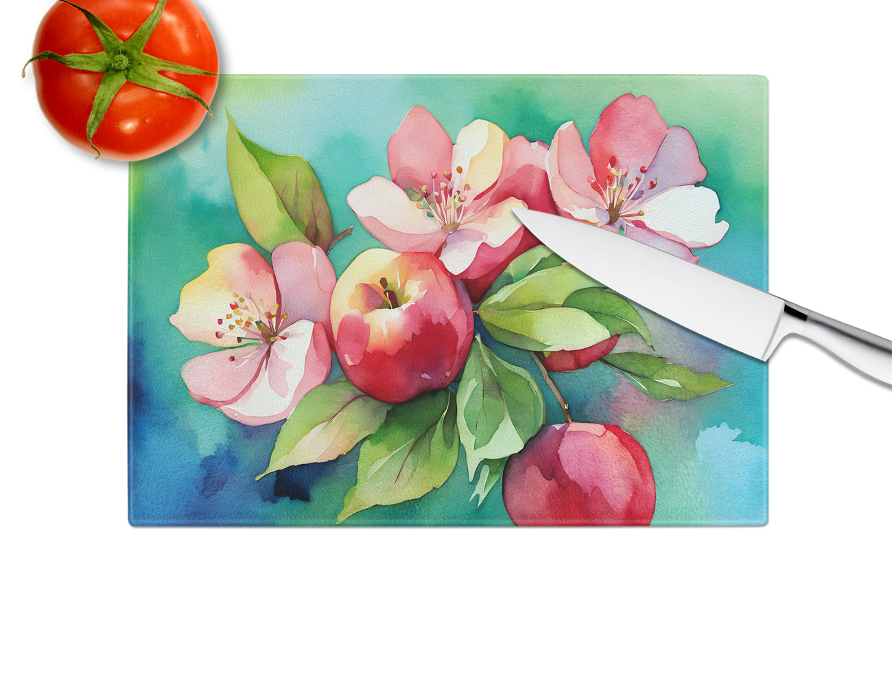 Arkansas Apple Blossom in Watercolor Glass Cutting Board