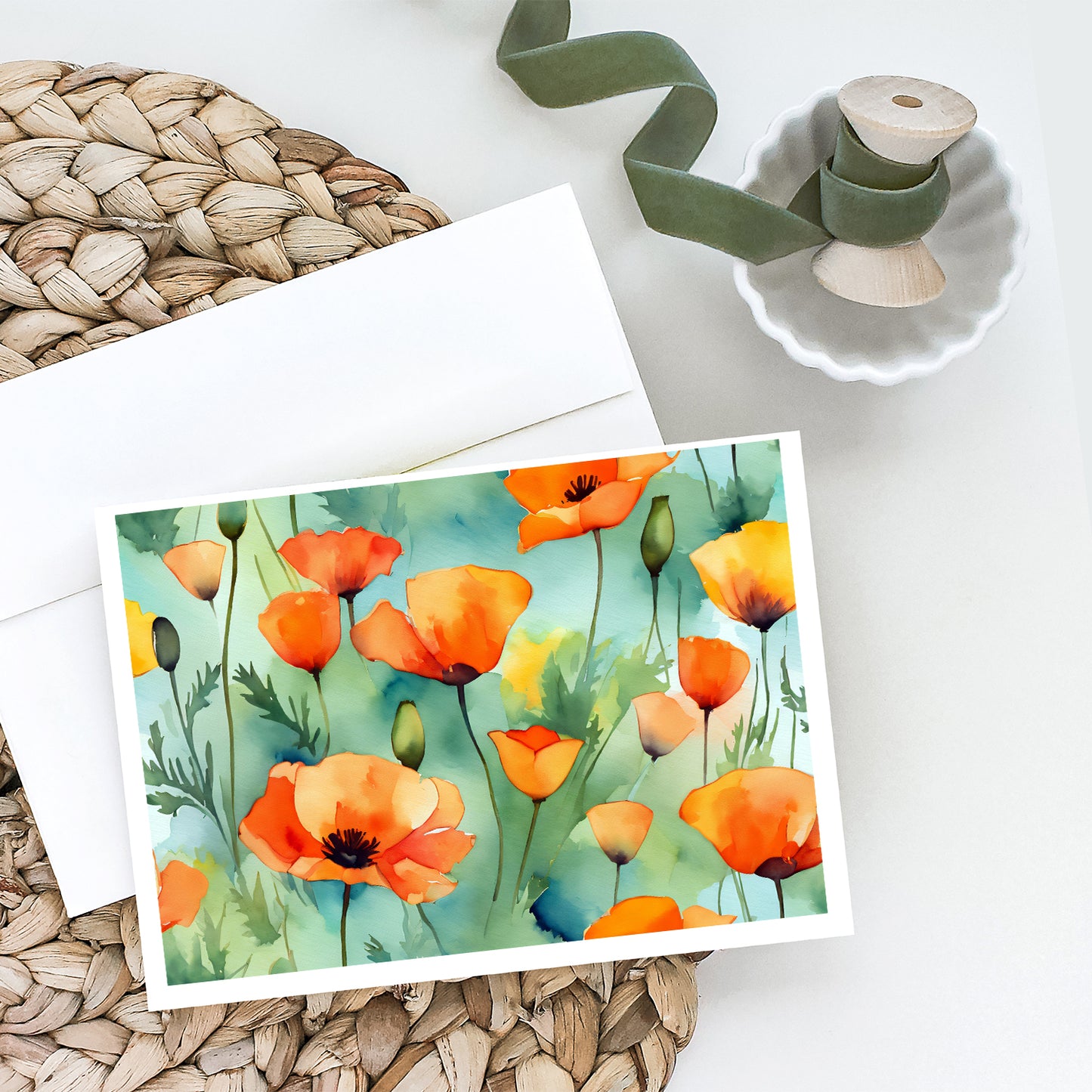 California California Poppies in Watercolor Greeting Cards Pack of 8