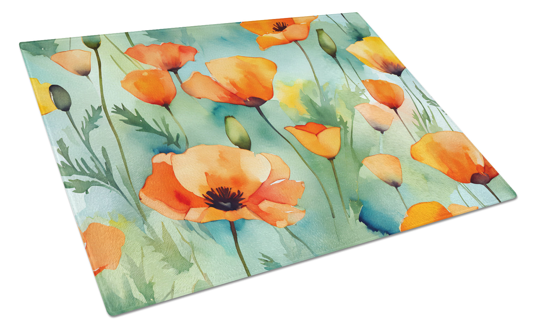 Buy this California California Poppies in Watercolor Glass Cutting Board