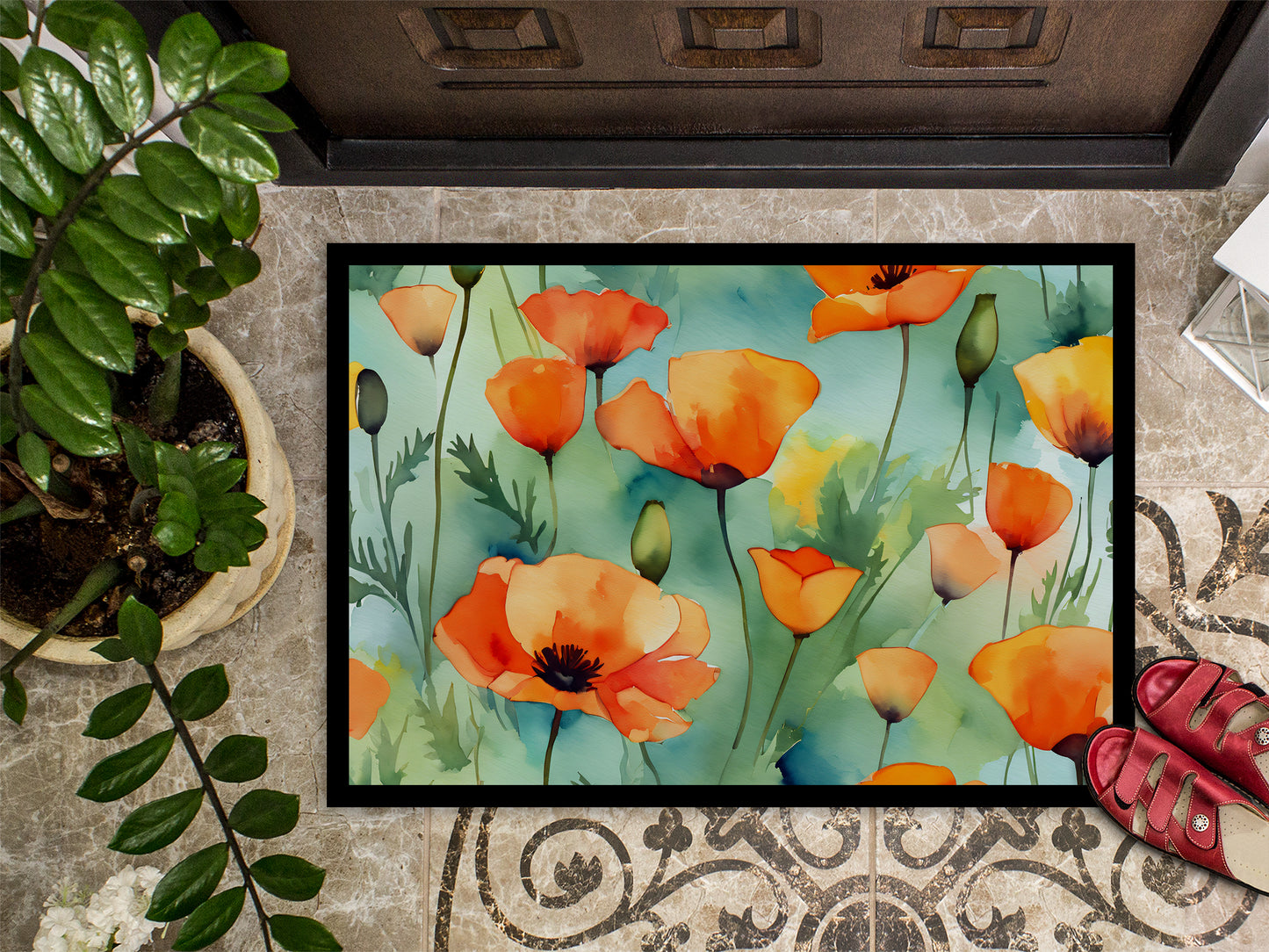 California California Poppies in Watercolor Doormat