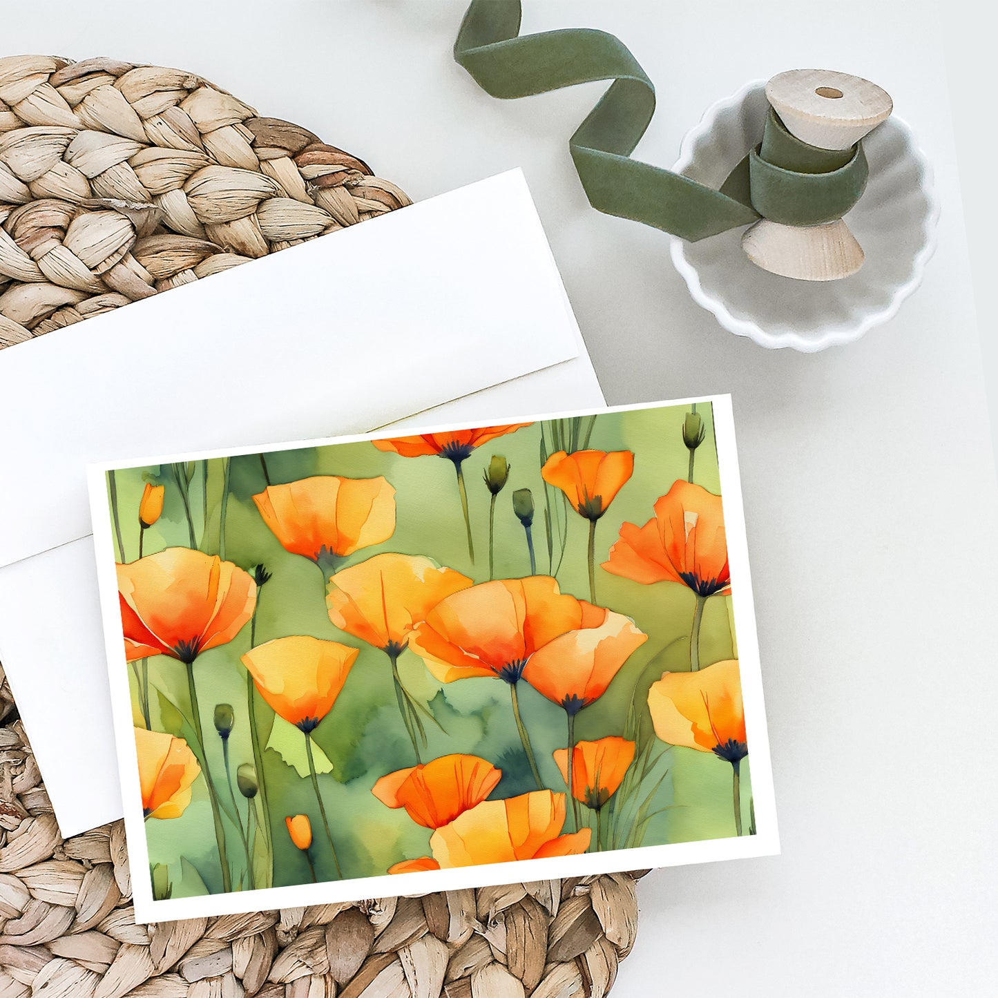 California California Poppies in Watercolor Greeting Cards Pack of 8