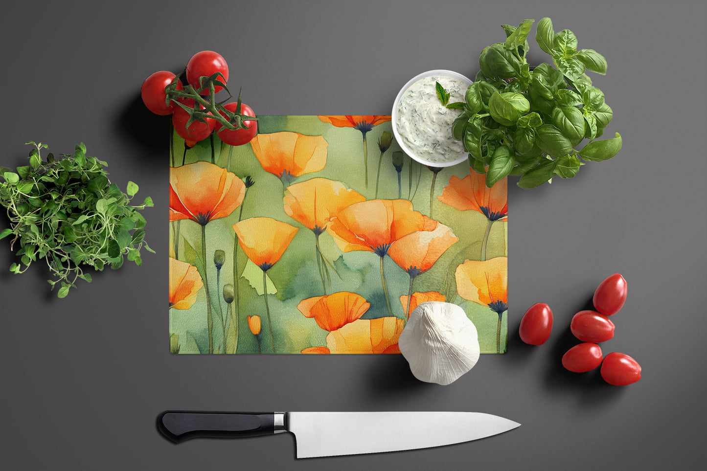 California California Poppies in Watercolor Glass Cutting Board