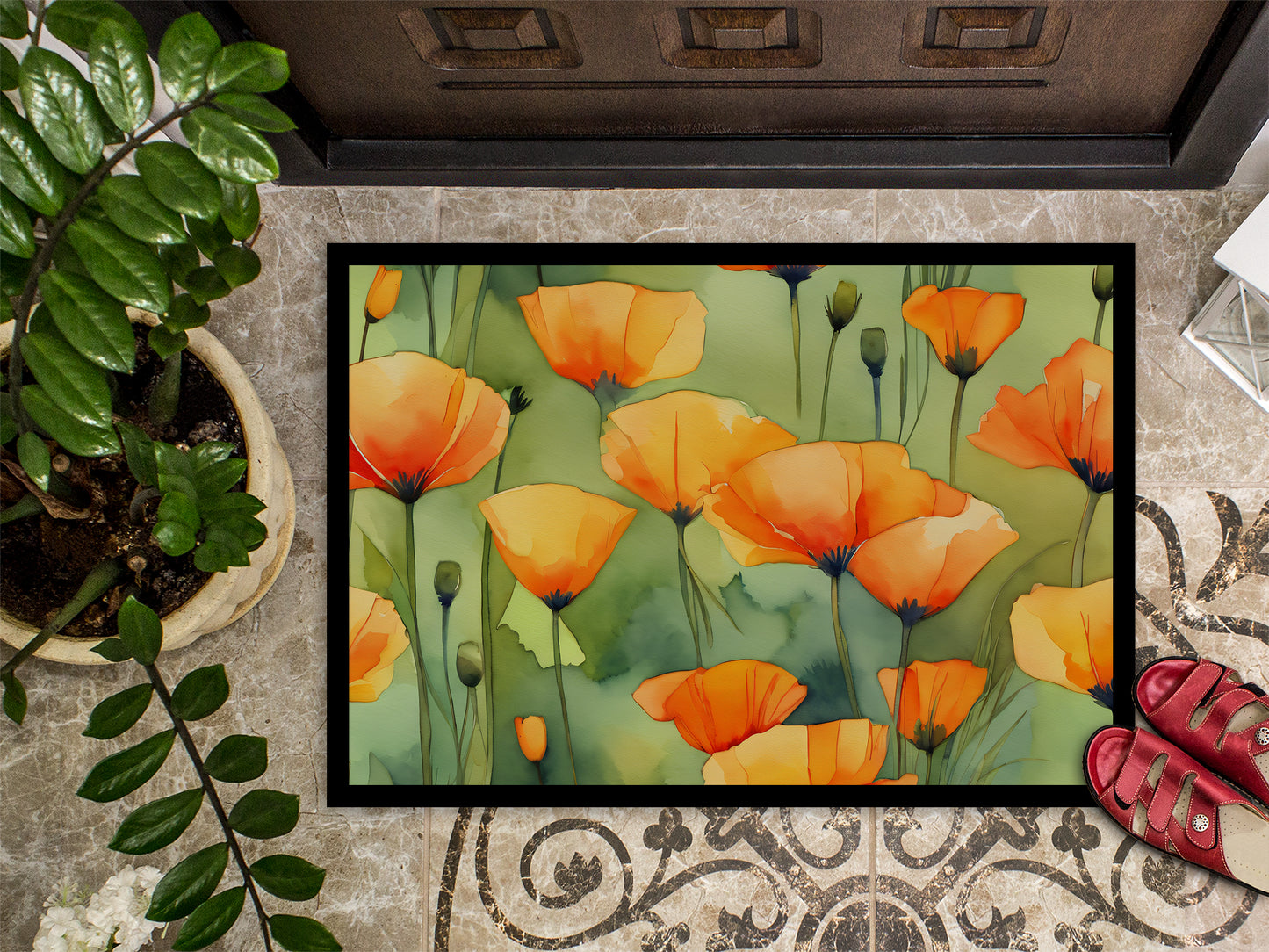 California California Poppies in Watercolor Doormat