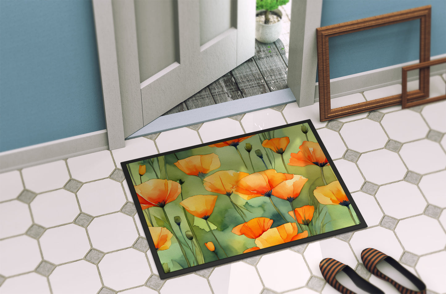 California California Poppies in Watercolor Doormat