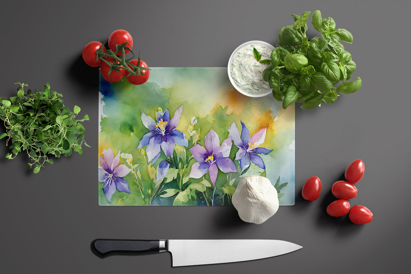 Colorado Rocky Mountain Columbine in Watercolor Glass Cutting Board