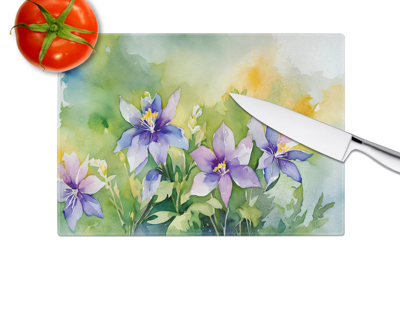 Colorado Rocky Mountain Columbine in Watercolor Glass Cutting Board