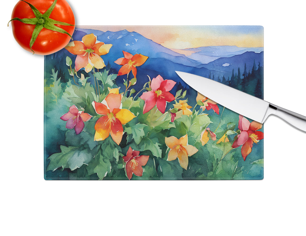 Colorado Rocky Mountain Columbine in Watercolor Glass Cutting Board