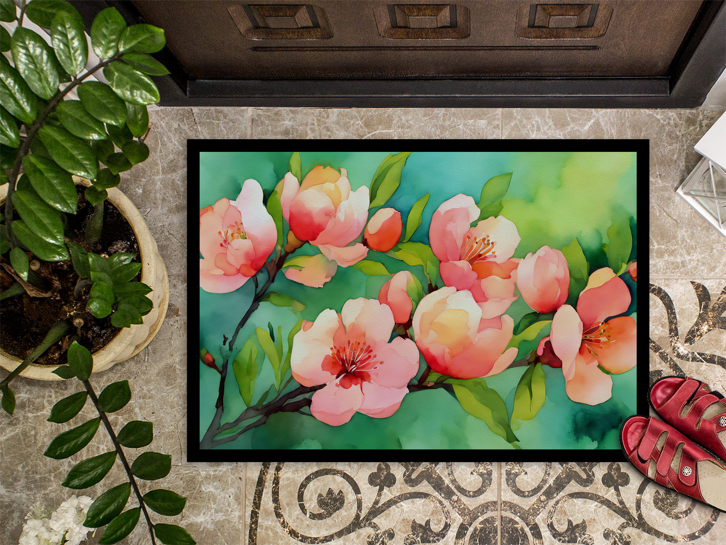 Delaware Peach Blossom in Watercolor Doormat