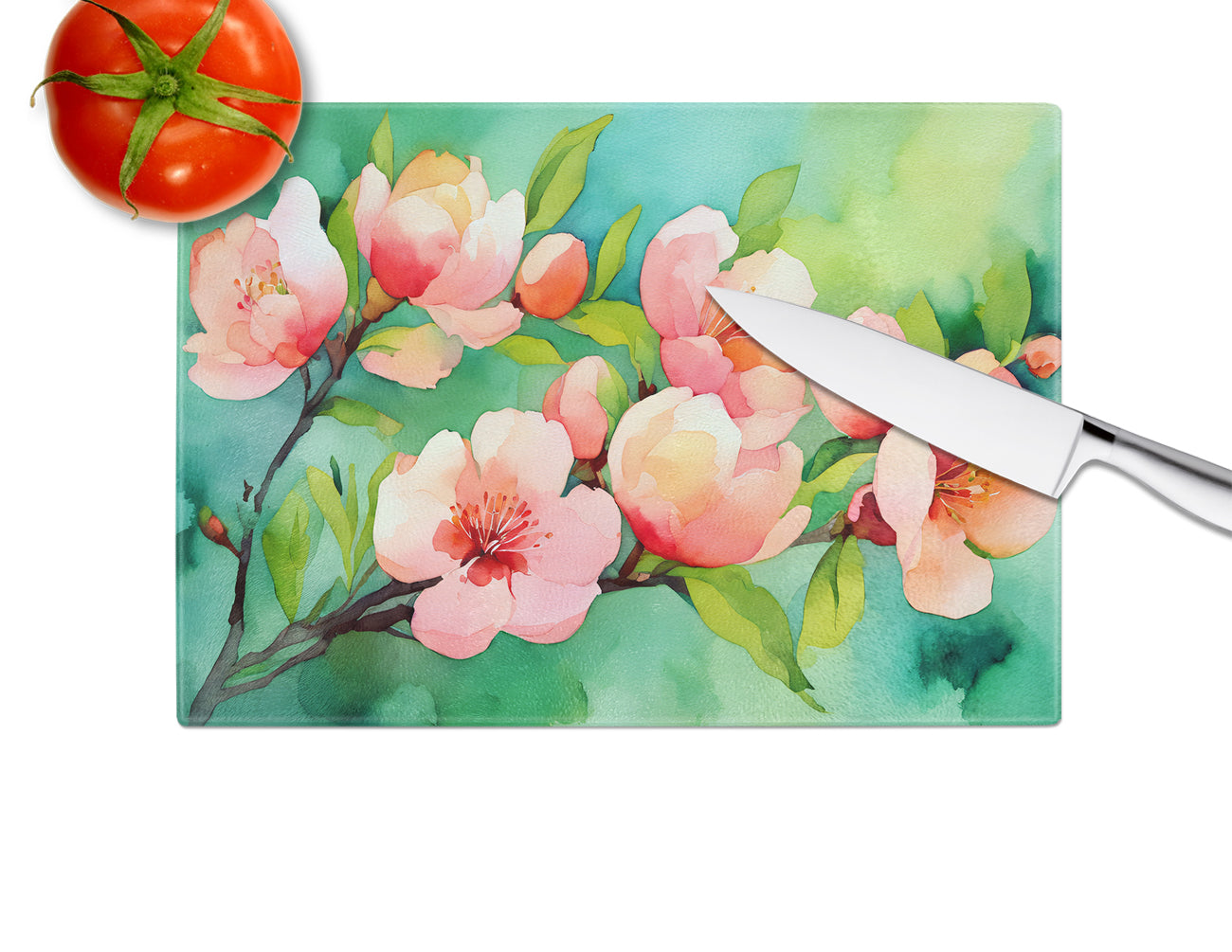 Delaware Peach Blossom in Watercolor Glass Cutting Board