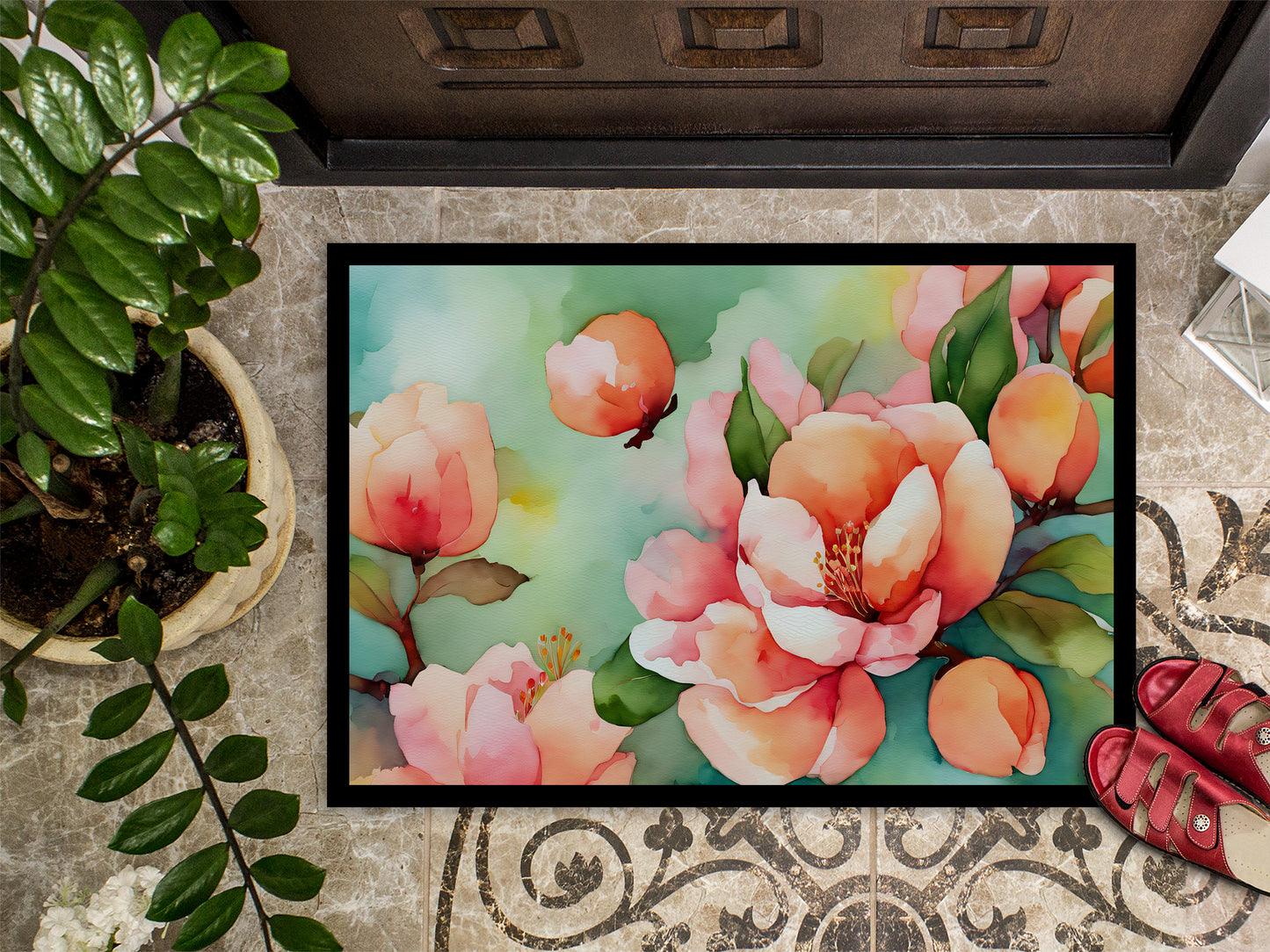 Delaware Peach Blossom in Watercolor Doormat