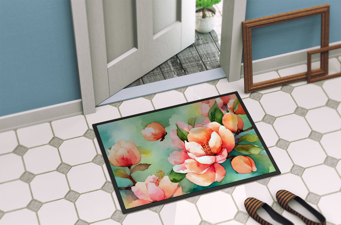 Delaware Peach Blossom in Watercolor Doormat