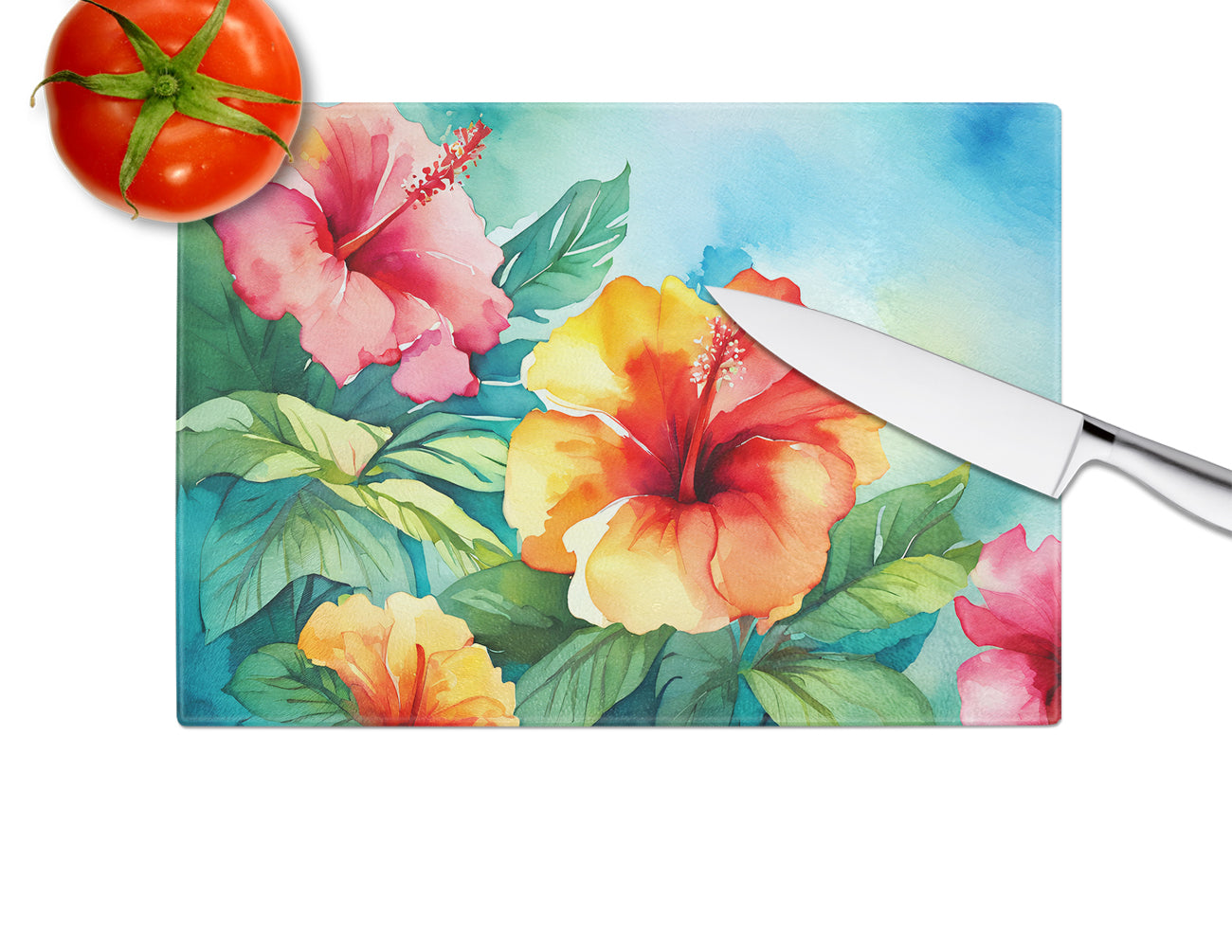 Hawaii Hawaiian Hibiscus in Watercolor Glass Cutting Board