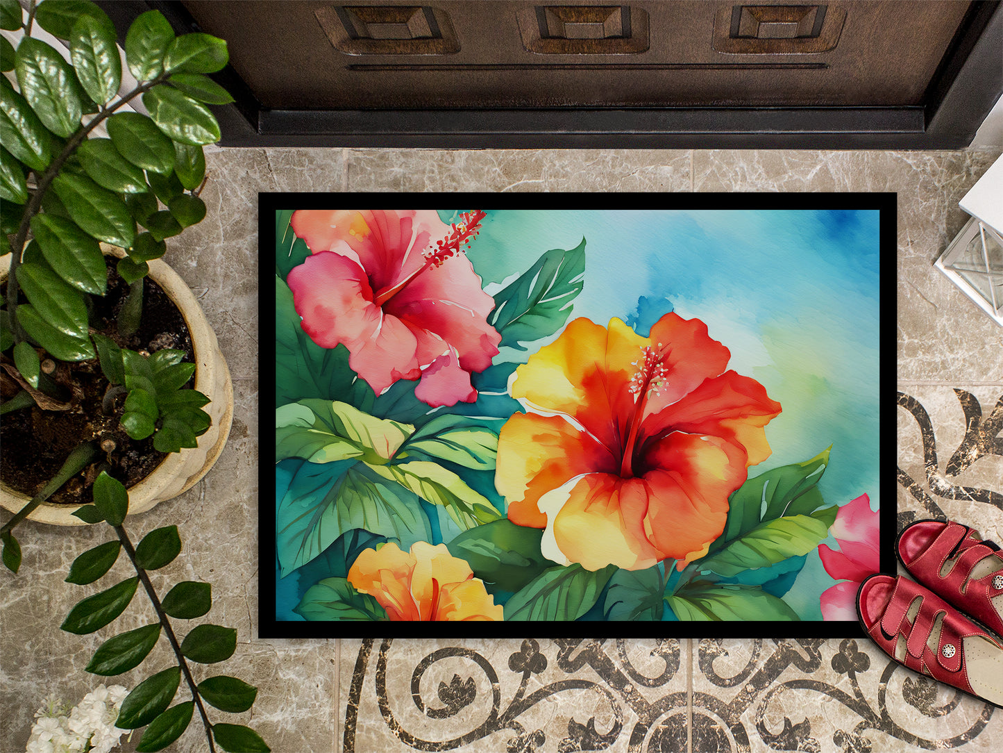 Hawaii Hawaiian Hibiscus in Watercolor Doormat