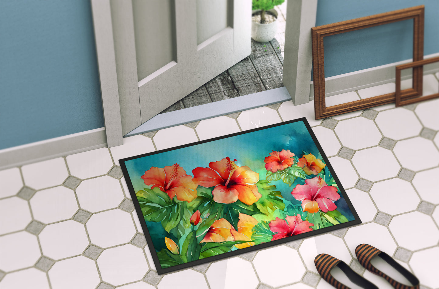 Hawaii Hawaiian Hibiscus in Watercolor Doormat