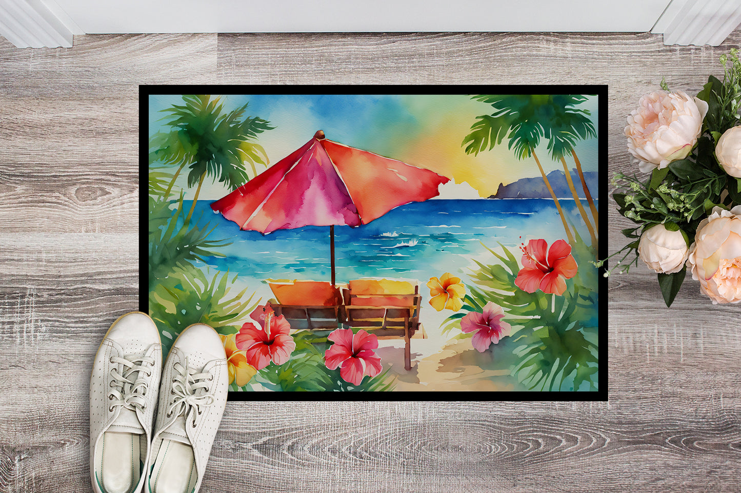 Hawaii Hawaiian Hibiscus in Watercolor Doormat