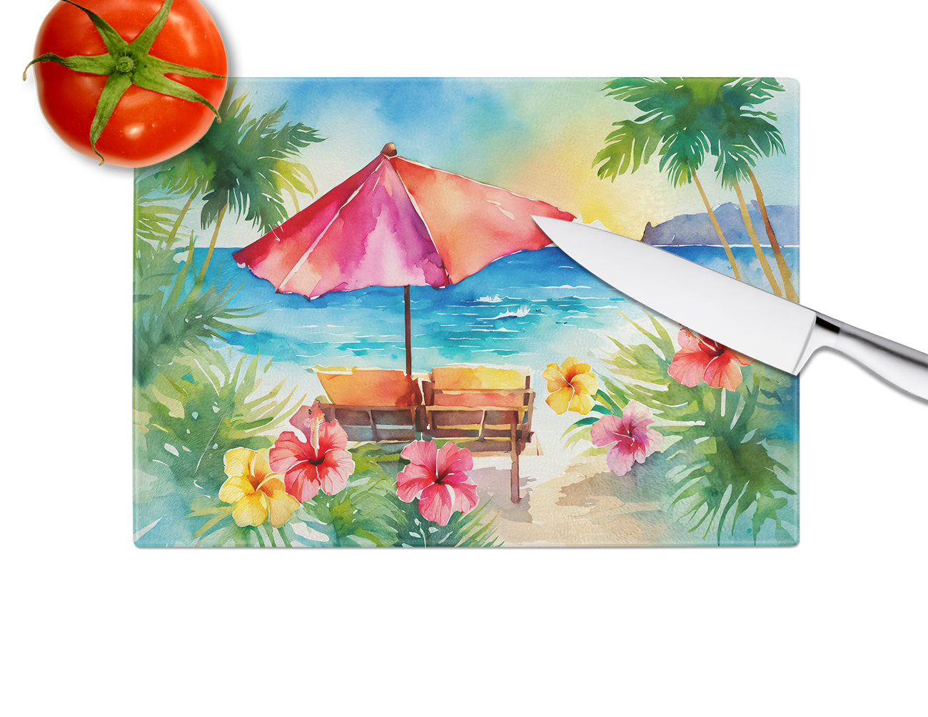 Hawaii Hawaiian Hibiscus in Watercolor Glass Cutting Board